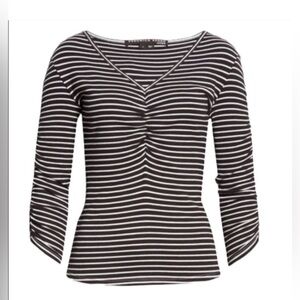 Veronica Beard Black & White Striped Ruched V Neck Clarita Top XS Tee 6166912